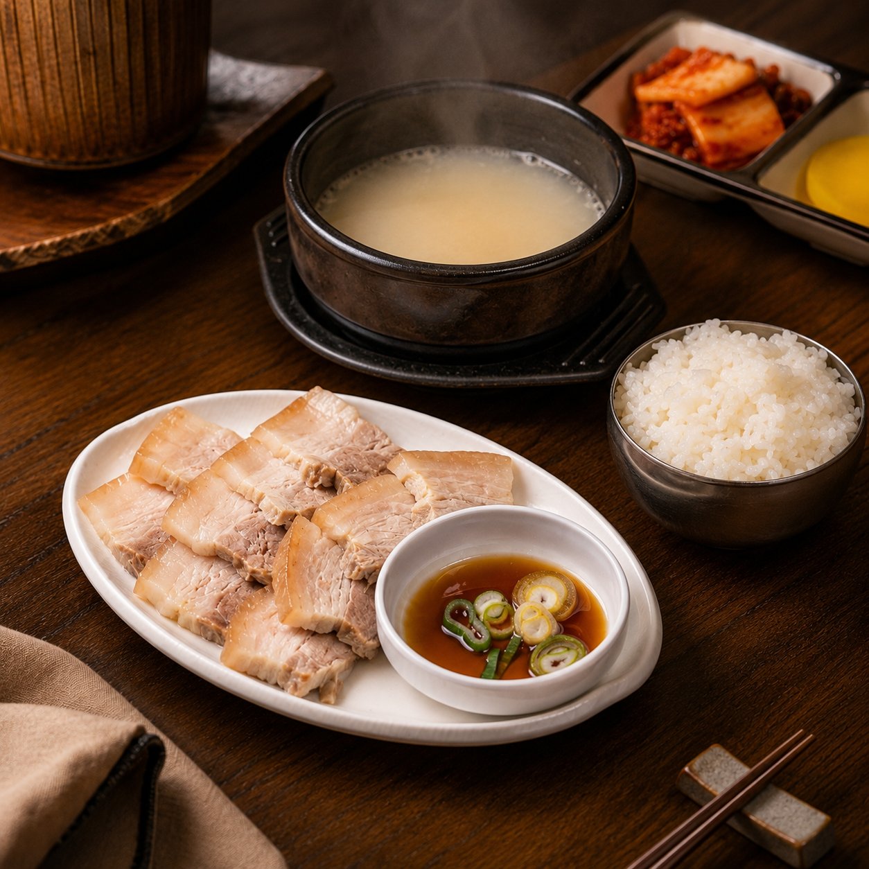 ซูยุก ทแวจีกุกบับ ข้าว และซอสบนโต๊ะที่ Yeongdong Milmyeon & Dwaeji Gukbap