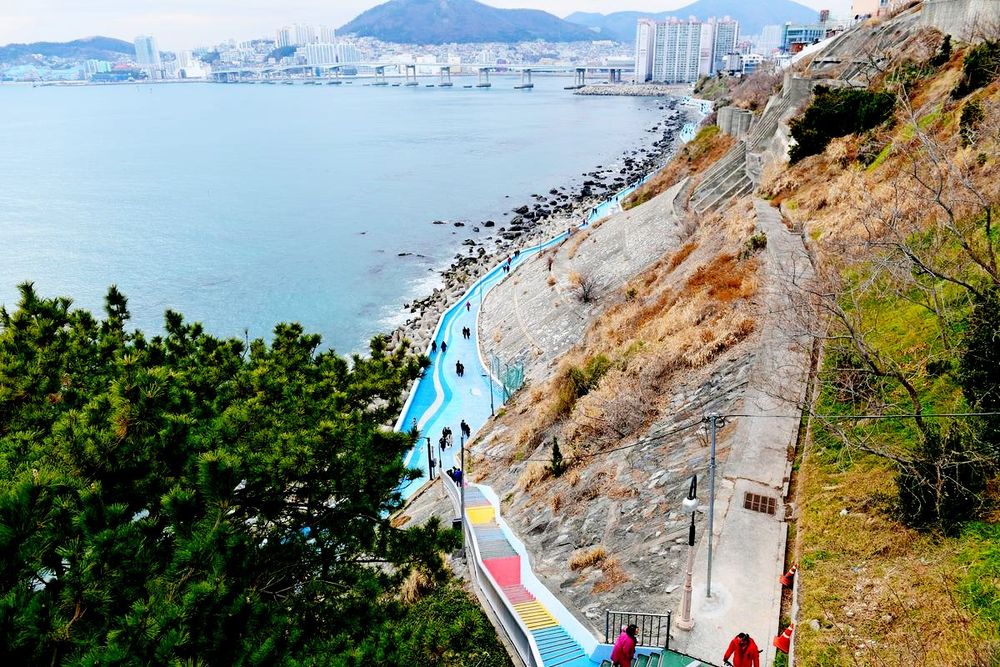 위에서 내려다본 절영해안산책로. 파란색으로 포장된 해안 산책로가 바다를 따라 길게 이어지고, 그 위쪽으로 무지개계단이 보인다.