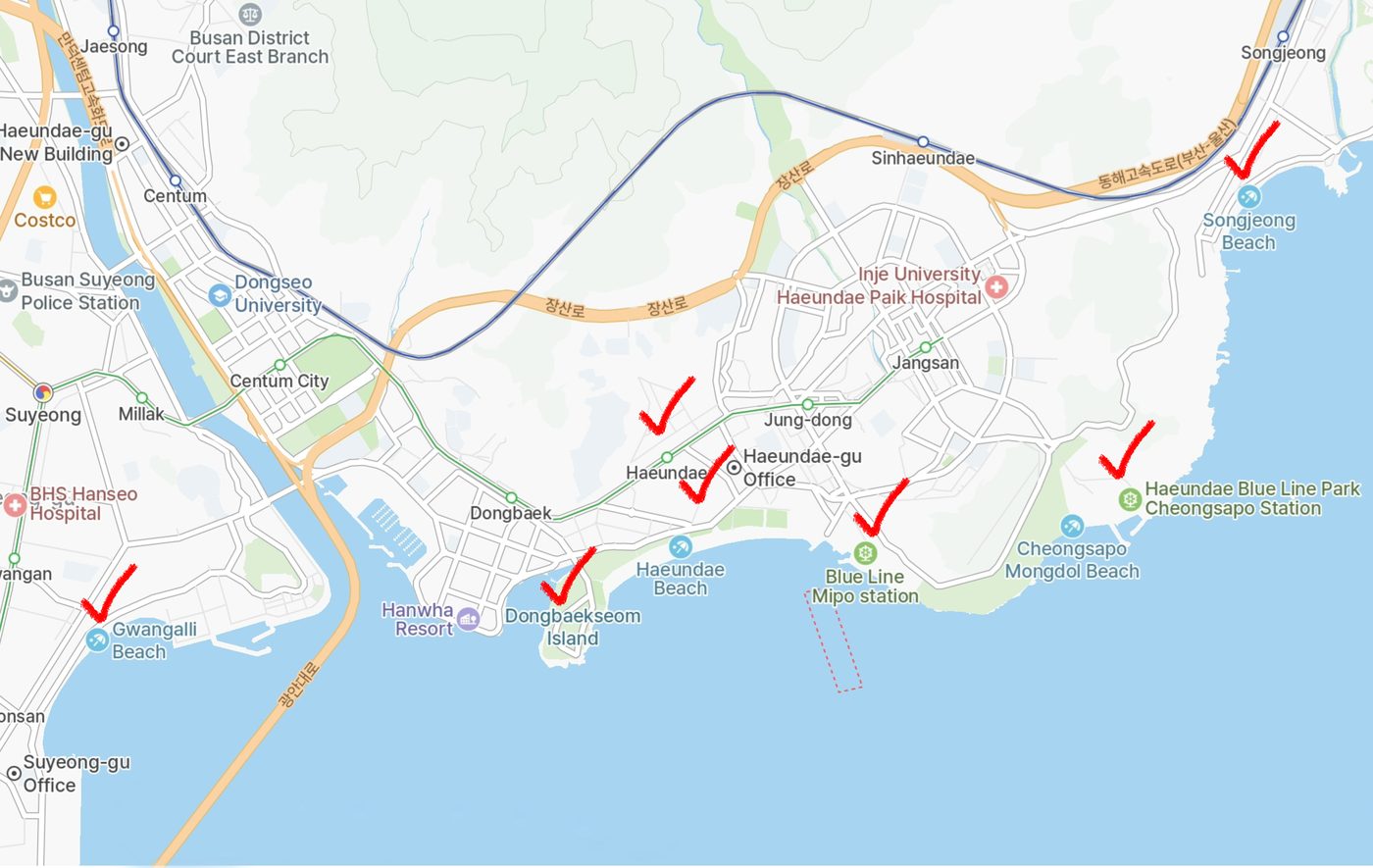 แผนที่แฮอุนแดที่แบ่งเป็นฝั่งตะวันตก (เกาะทงแบก) ตรงกลาง (หาดแฮอุนแด) และฝั่งตะวันออก (มีโพและชองซาโพ)