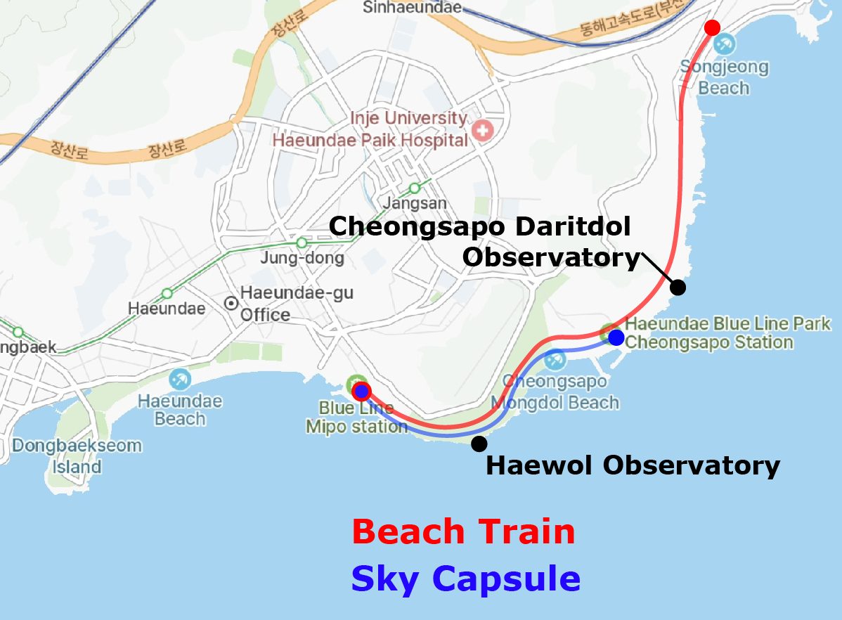 แผนที่แสดงช่วงรถไฟชายหาด (สีแดง) และสกายแคปซูล (สีน้ำเงิน) จากมีโพถึงชองซาโพและซงจอง