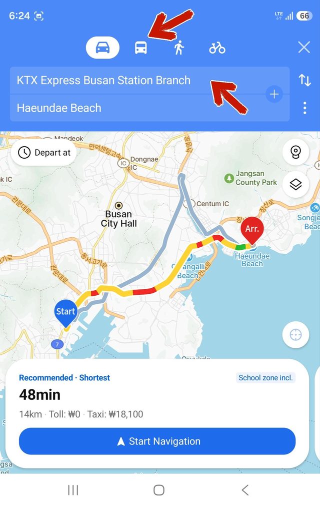 Selecting the transit icon