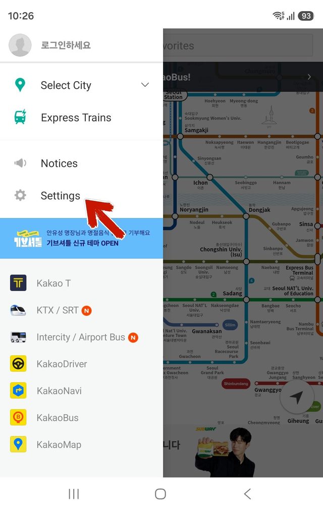 Kakao Subway settings menu