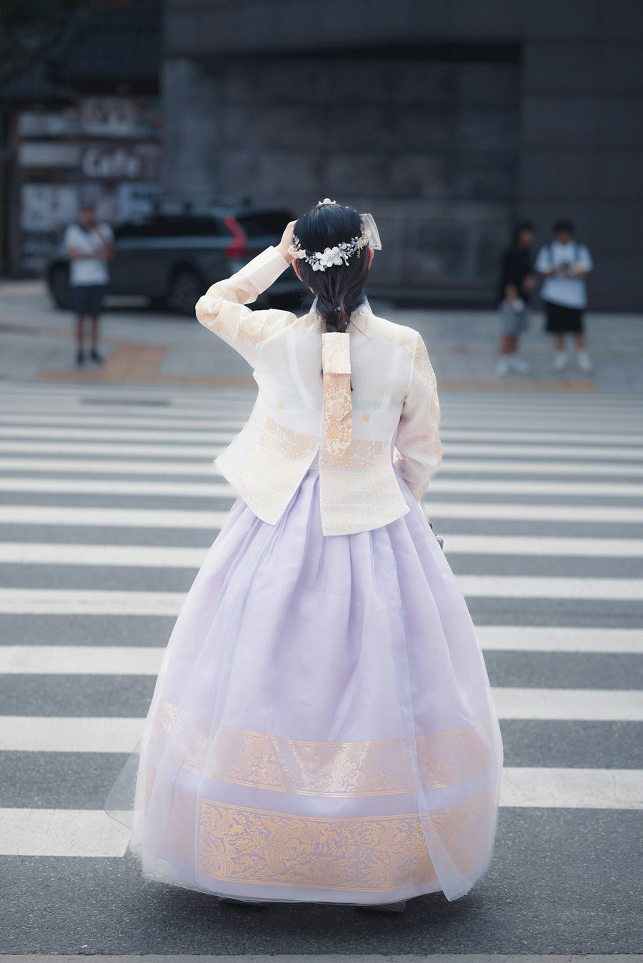 Walking through downtown in hanbok