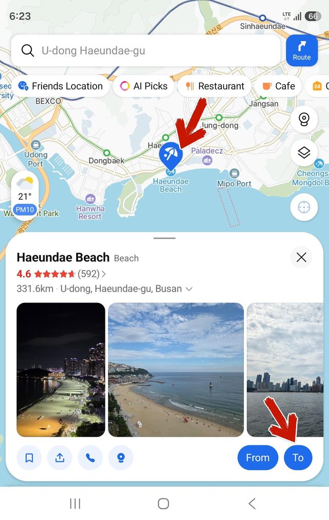 Setting Haeundae as To from the search result