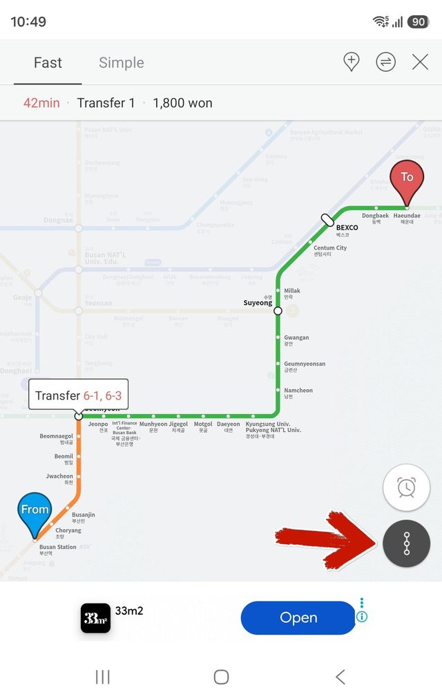 Tapping the map icon shows the Busan Station to Haeundae Station route on the map