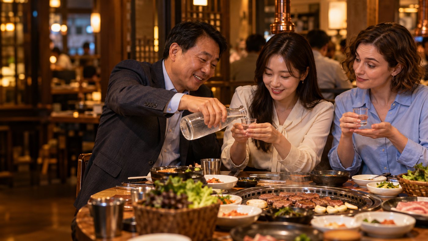 A Korean woman receiving a drink poured by an elder with both hands at a hoesik, while a foreign woman watches beside her